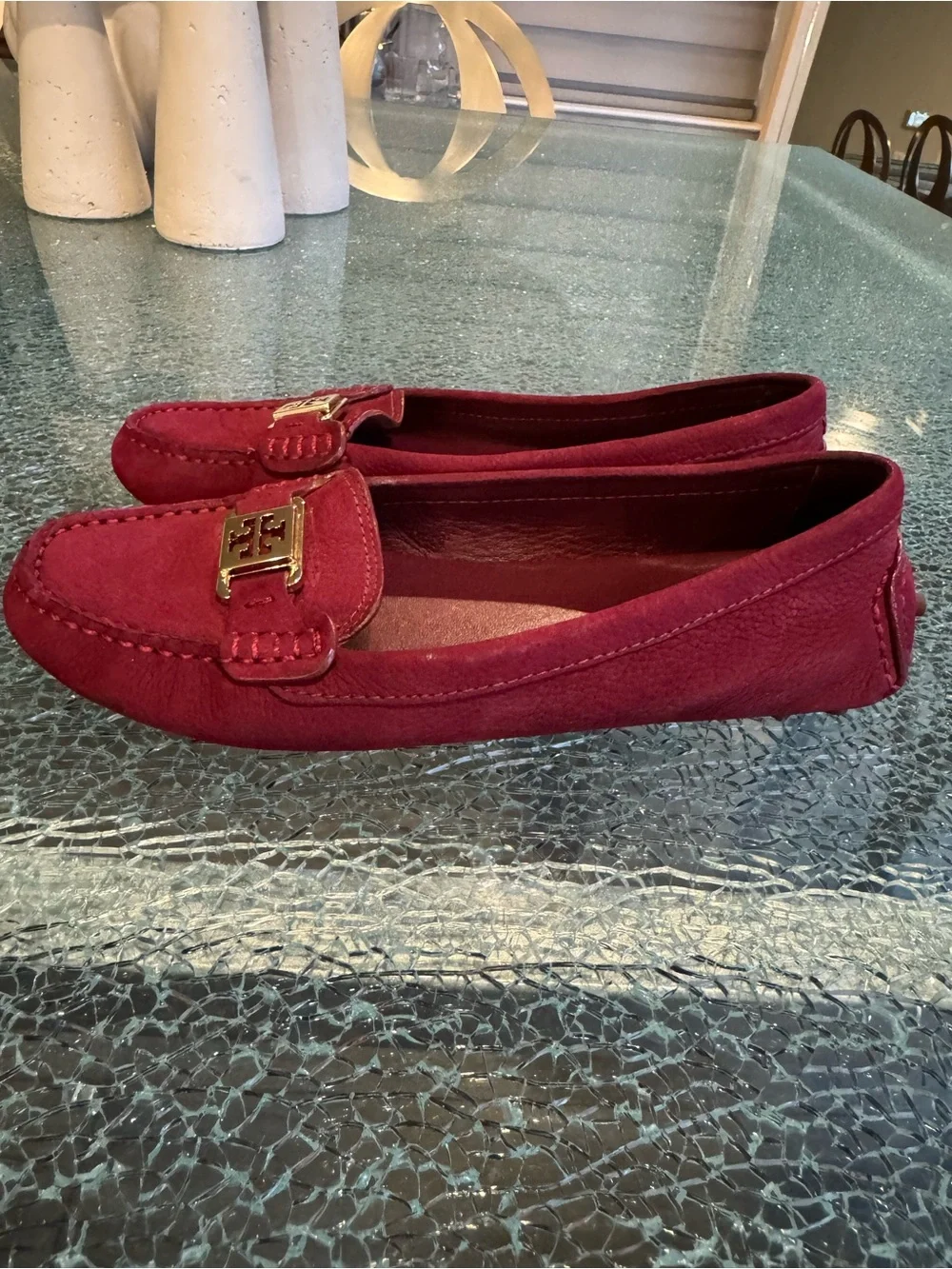 Tory Burch Deep Red Suede Loafers with Gold Logo 8 M